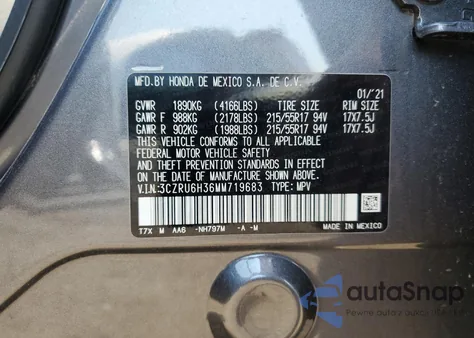 2021 Honda Hr-V Lx z USA, uszkodzony, nr VIN 3CZRU6H36MM719683